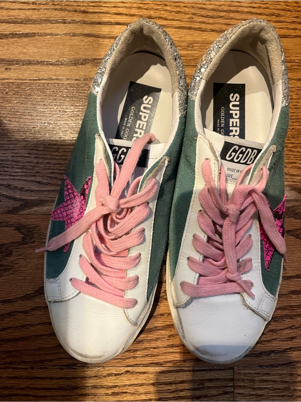 Golden Goose-Inspired Green & Pink Star Low-Top Sneakers sparkles size 37